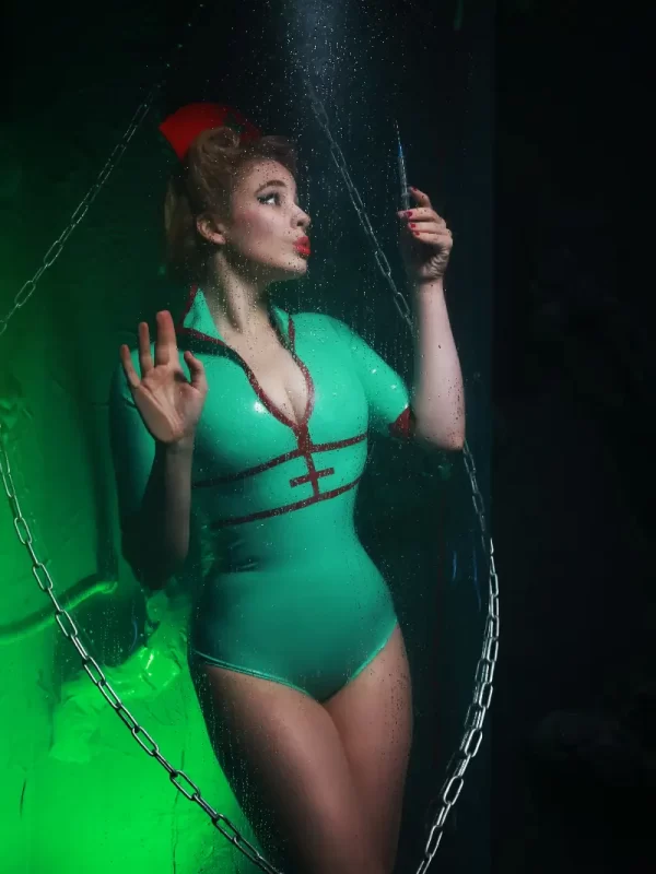 Apple Green Latex Nurse Costume with Red Accents