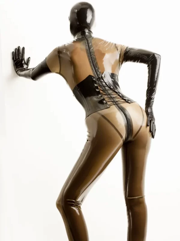 Transparent Brown and Black Latex Catsuit for Women