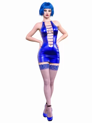 Bold Blue Latex Dress with Halter Straps and Elegant Design