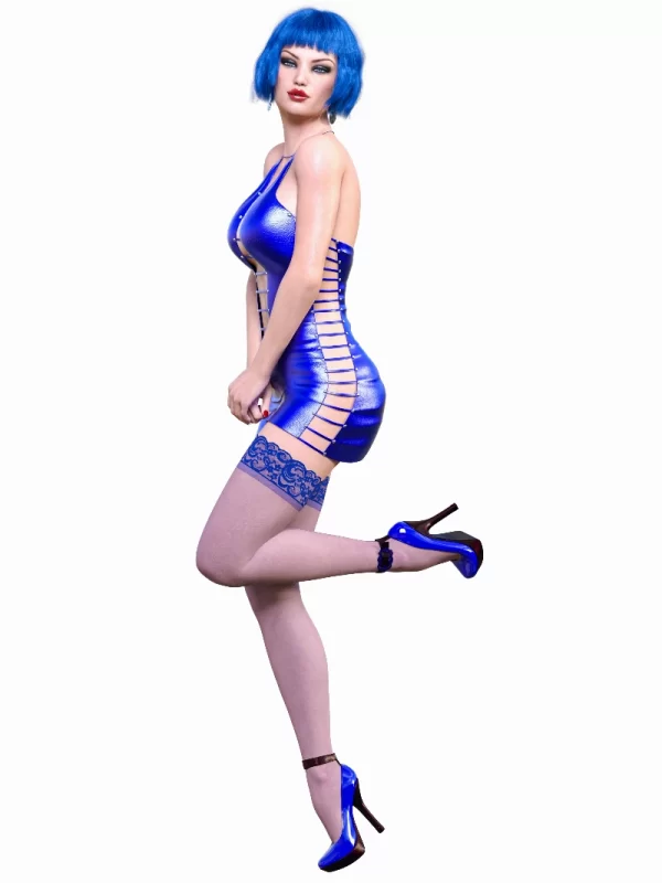 Bold Blue Latex Dress with Halter Straps and Elegant Design