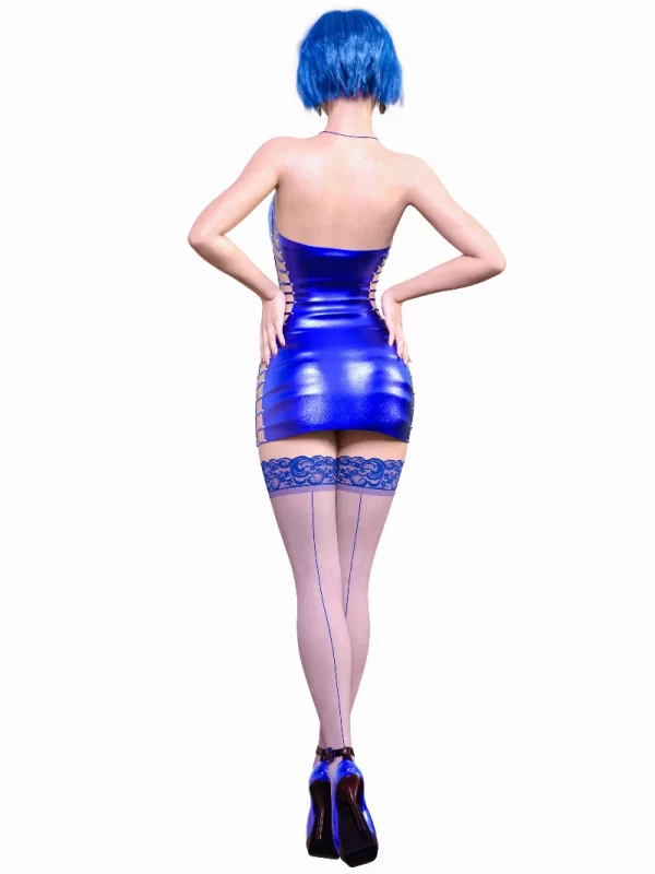 Bold Blue Latex Dress with Halter Straps and Elegant Design