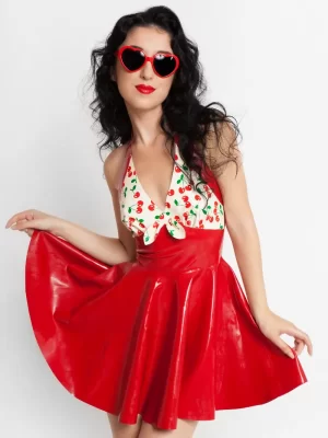 Red Cherry Latex Halter Dress with Playful Flared Skirt