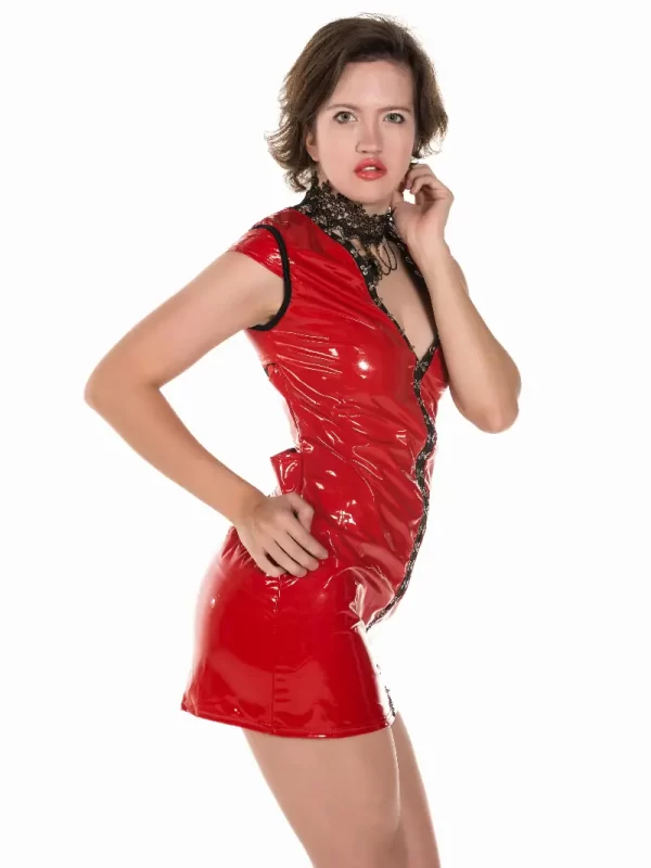 Bold Red Latex Mini Dress with Black Trim Details