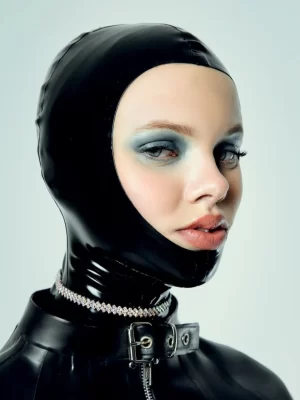 Custom made latex rubber open face hood with zip closure