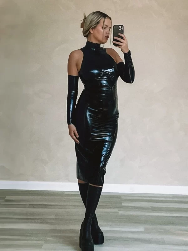 Natural Latex Midi Dress with Sleeves