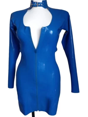 Womens Blue Latex Long Sleeve Dress