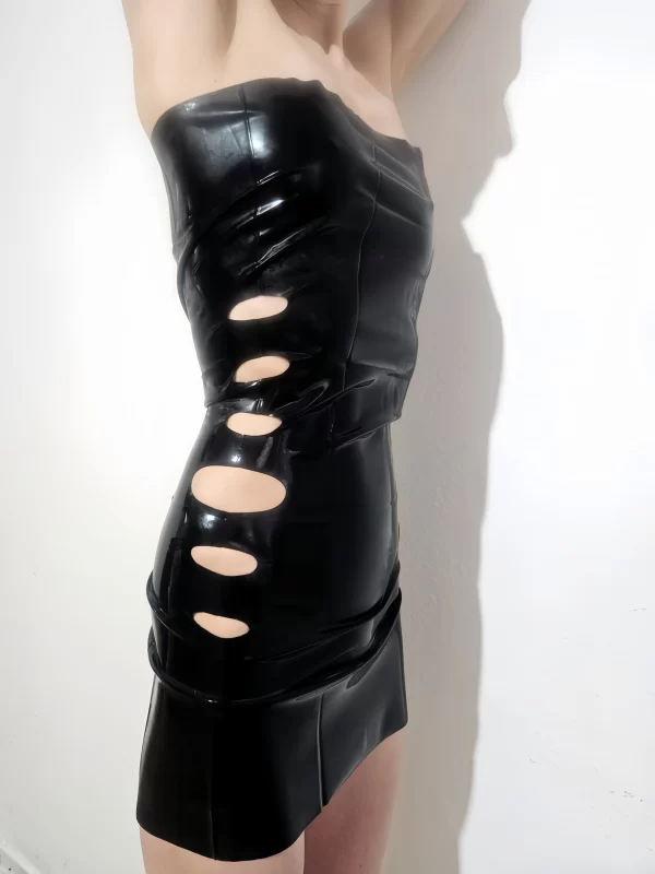 Black latex mini dress with side cutouts