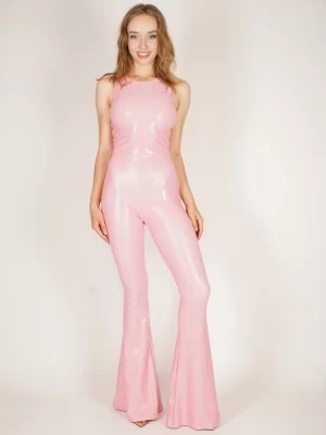 Pink Wet Look Flared Latex Catsuit