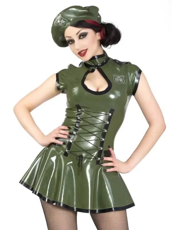 Latex Green Army Style Dress & Beret