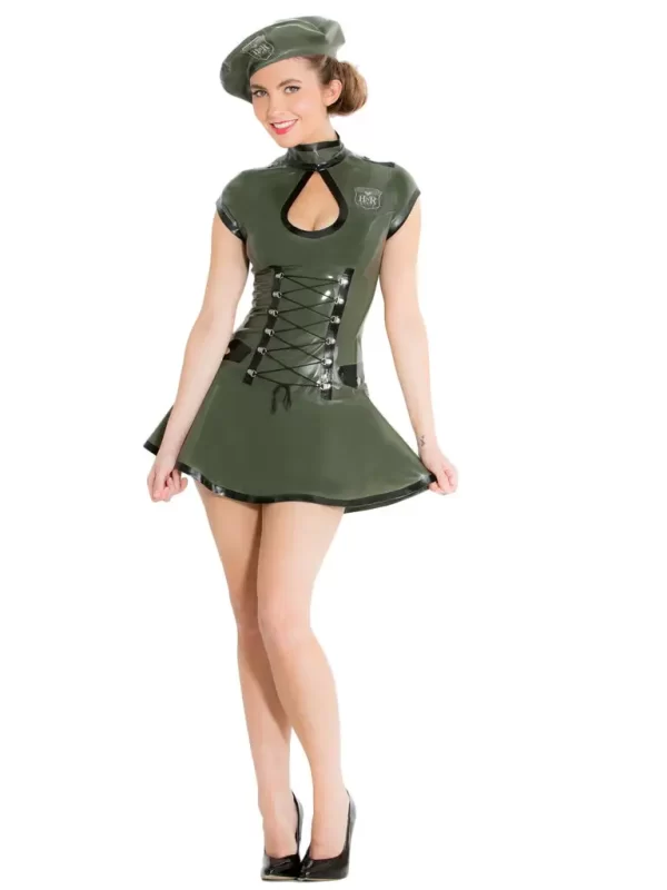 Latex Green Army Style Dress & Beret