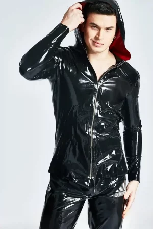 Latex Male Hooded Windbreaker Jacket