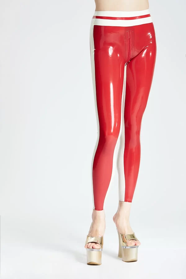 Red and White Two-Tone Latex Leggings with Bold Side Stripes