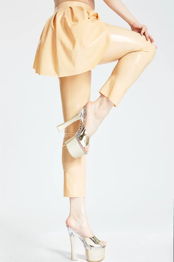 Peach Latex Leggings with High Waisted Design and Flared Cuffs