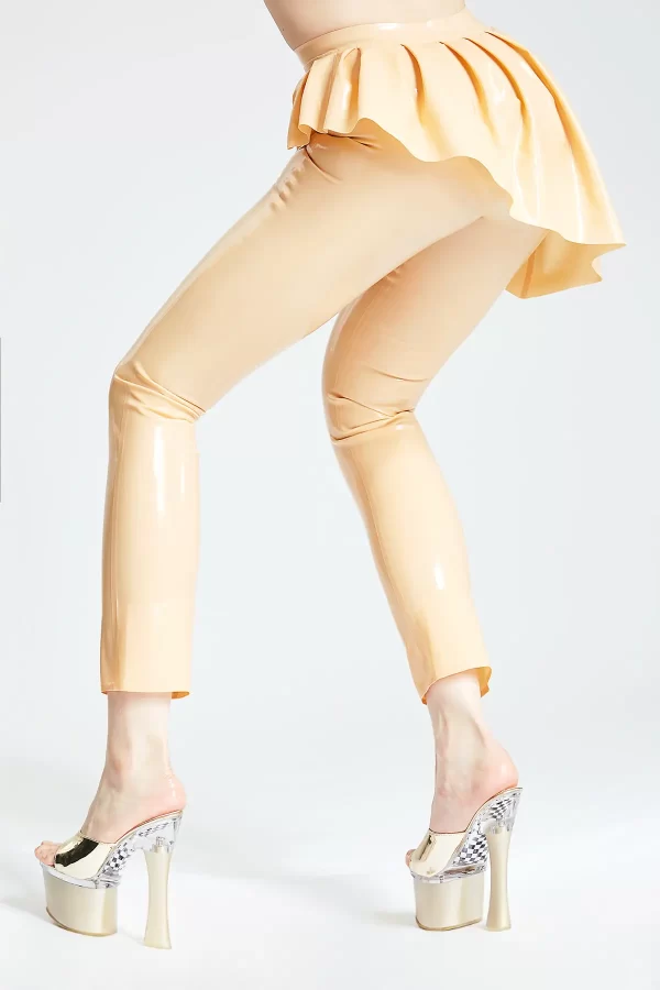 Peach Latex Leggings with High Waisted Design and Flared Cuffs