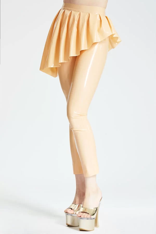 Peach Latex Leggings with High Waisted Design and Flared Cuffs