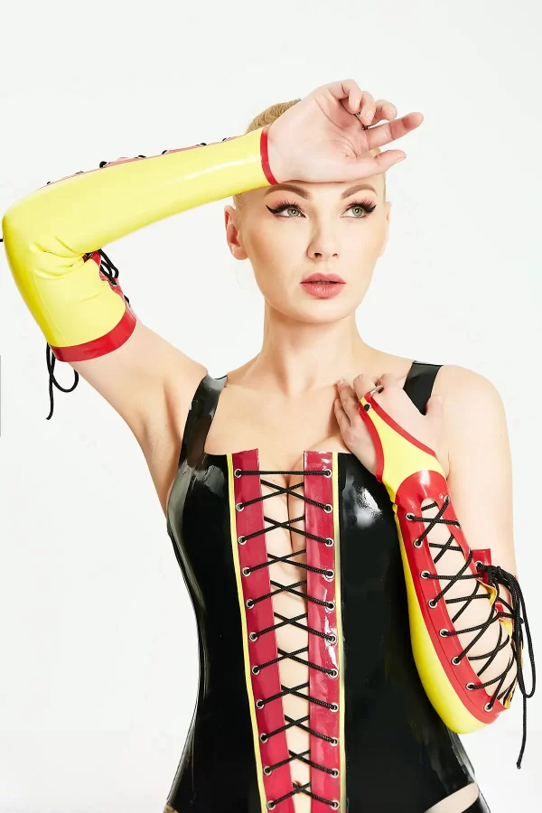 Yellow & Red Latex Gloves with Ring & Tie Detail – Bold