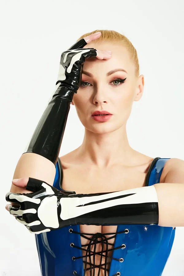 Black Long Latex Gloves with White Bone Print